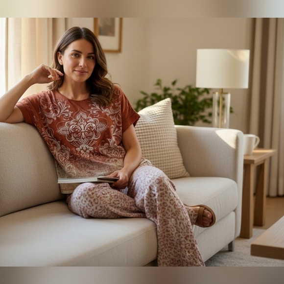 Live Well Pants - Two Piece Set Plus Size 22/24 Comfy Animal Print Fleur di Lis Rust weekends